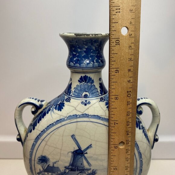 RARE ANTIQUE DUTCH DELFT HOLLAND PORCELEYNE FLES VASE DUTCH SCENERY Windmill - Picture 13 of 16